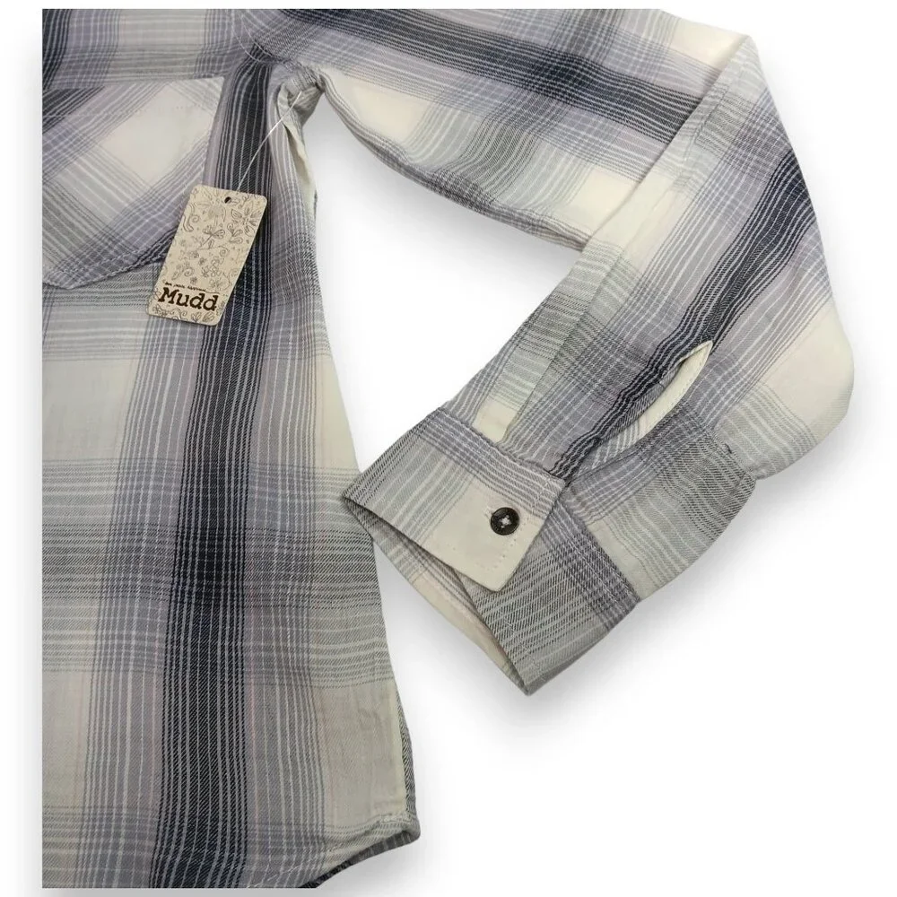 MUDD-Women's-Plaid-Gray-Black-Pink-SMALL-pullover-V Neck-Long Sleeve-Pockets - Picture 10 of 16